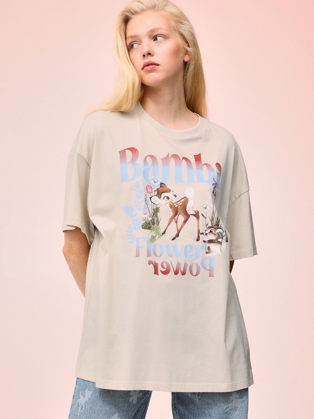 

H&M Women Beige Oversized Printed T-Shirt