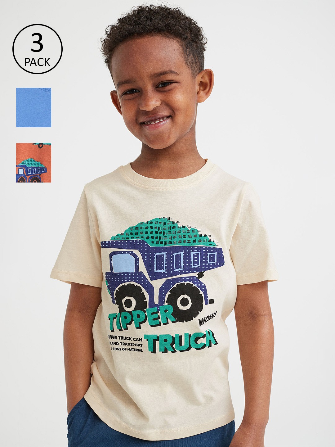 

H&M Boys Beige Printed 3-pack Cotton T-shirts