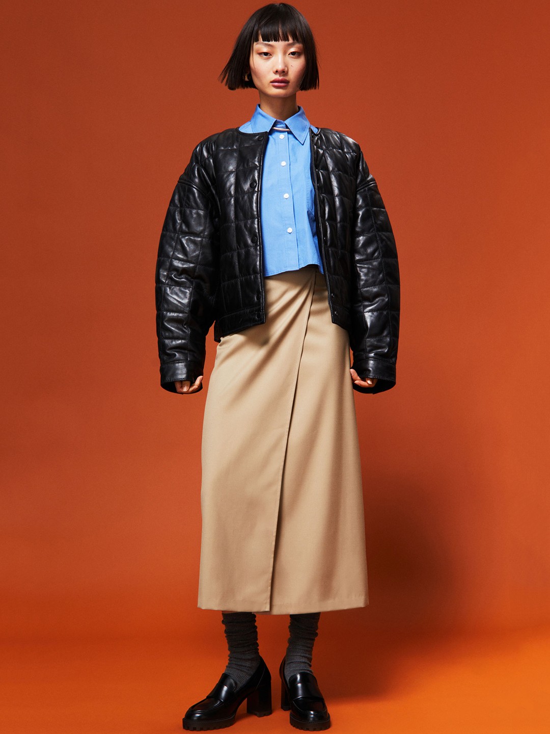

H&M Women Beige Midi Twill Wrapover Skirt