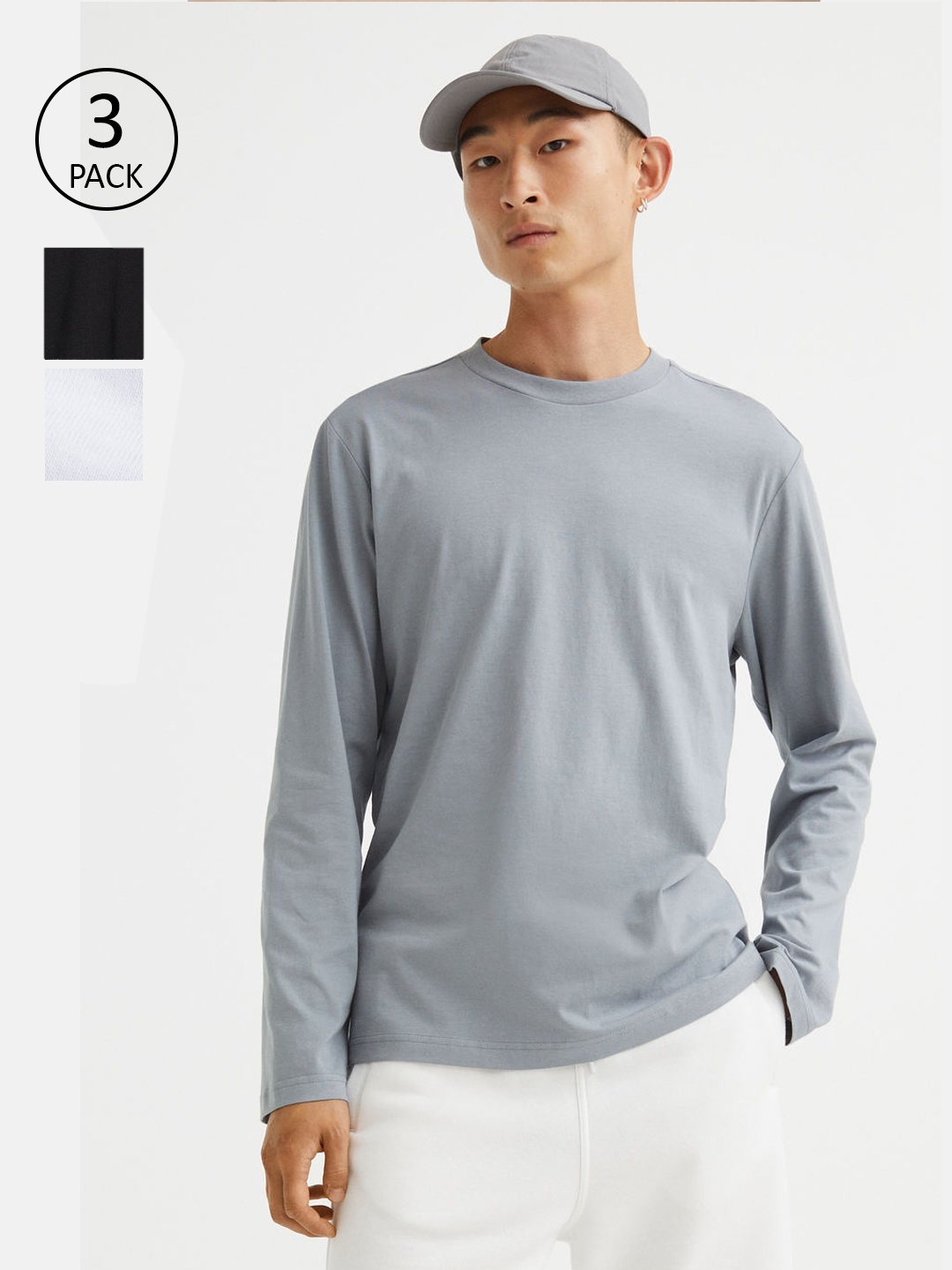

H&M Men Black & Grey 3-Pack Regular Fit Jersey Tops