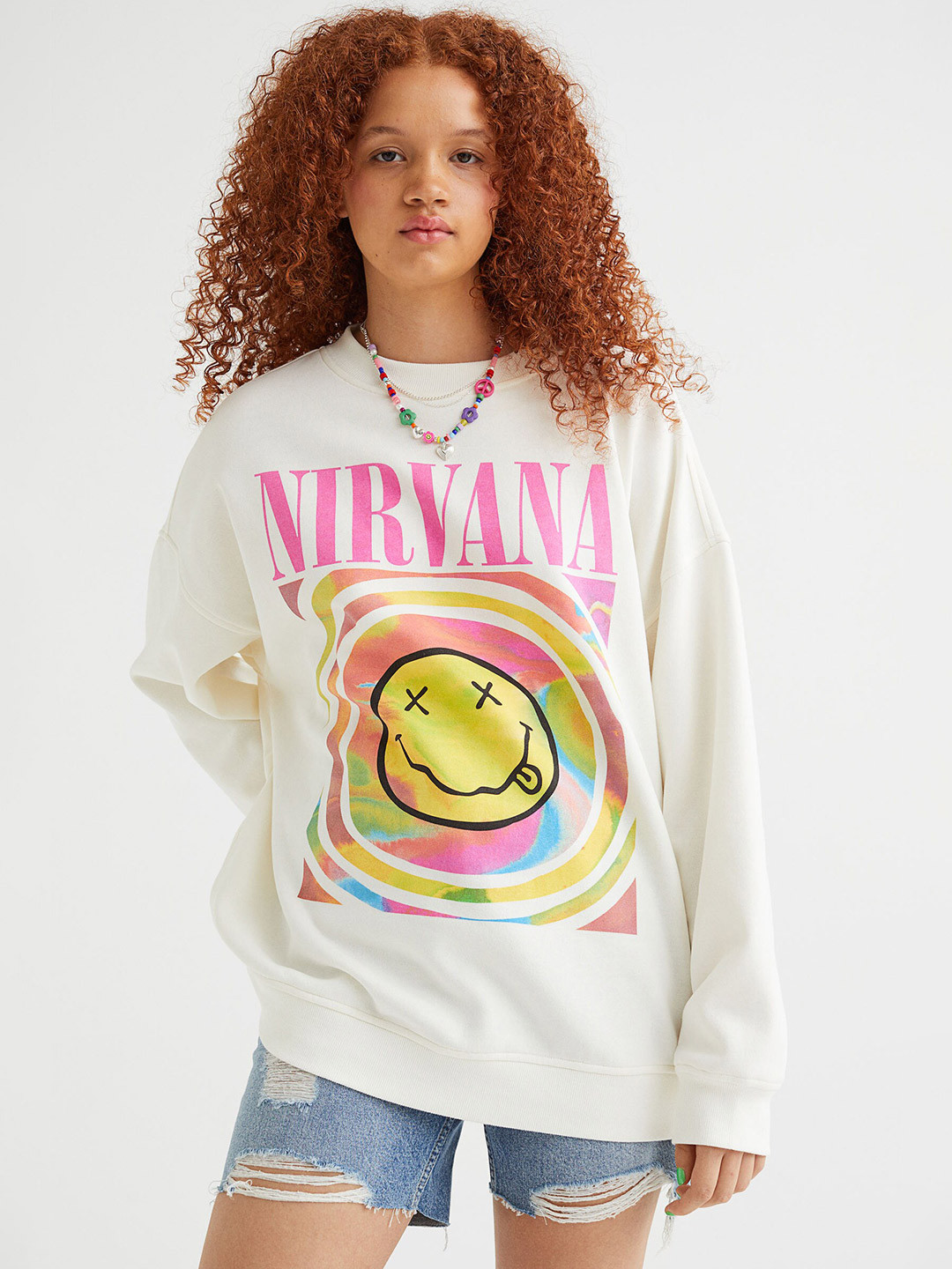 

H&M Women White Oversized Printed Sweatshirt