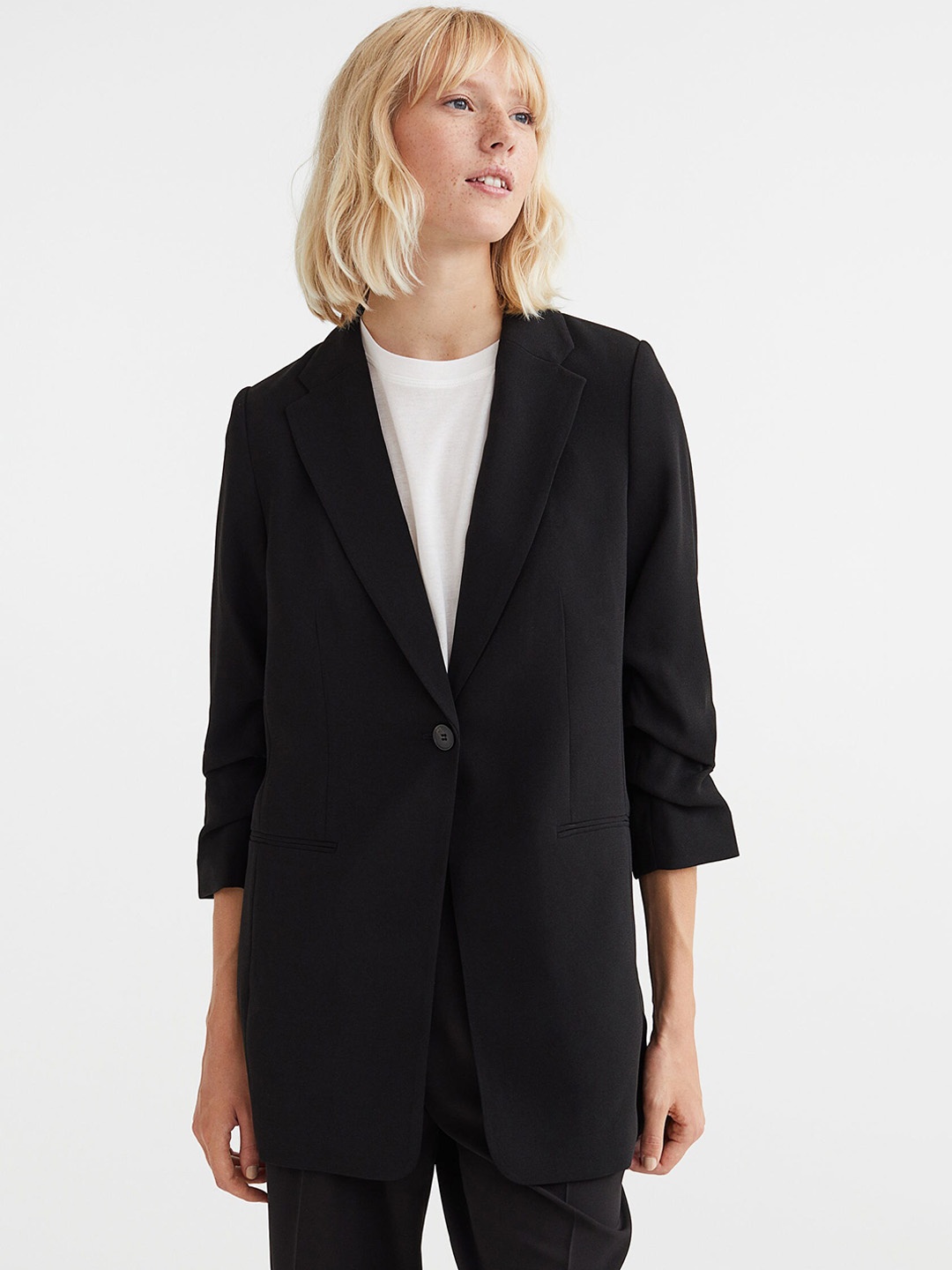 

H&M Women Black Gathered-Sleeve Jacket