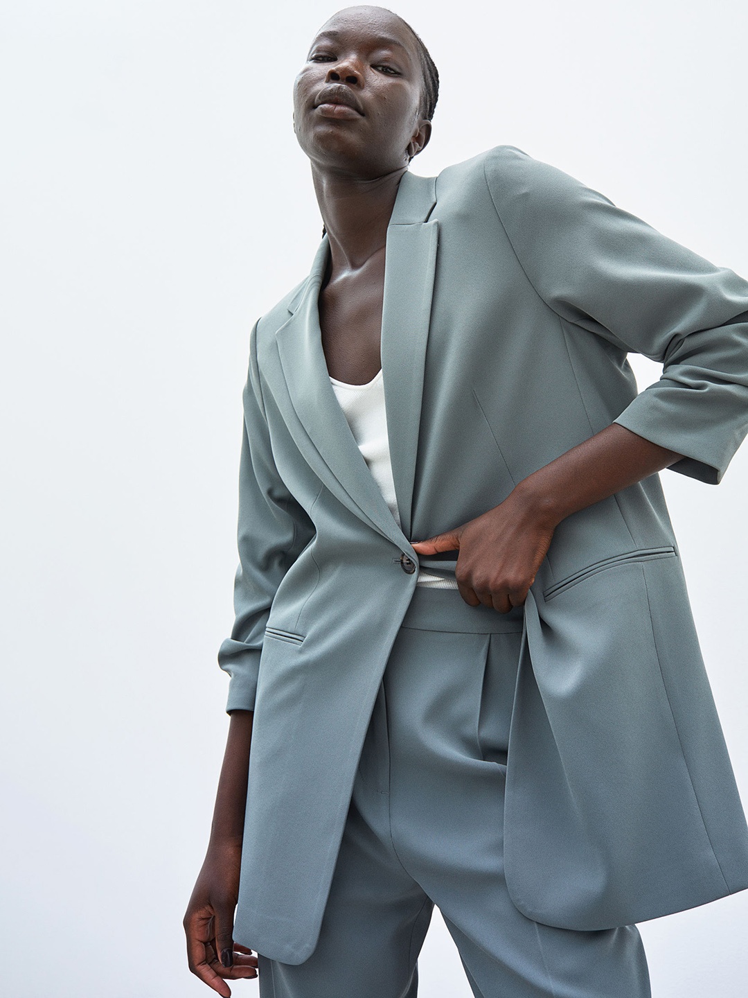

H&M Women Mint Green Gathered-Sleeve Jacket