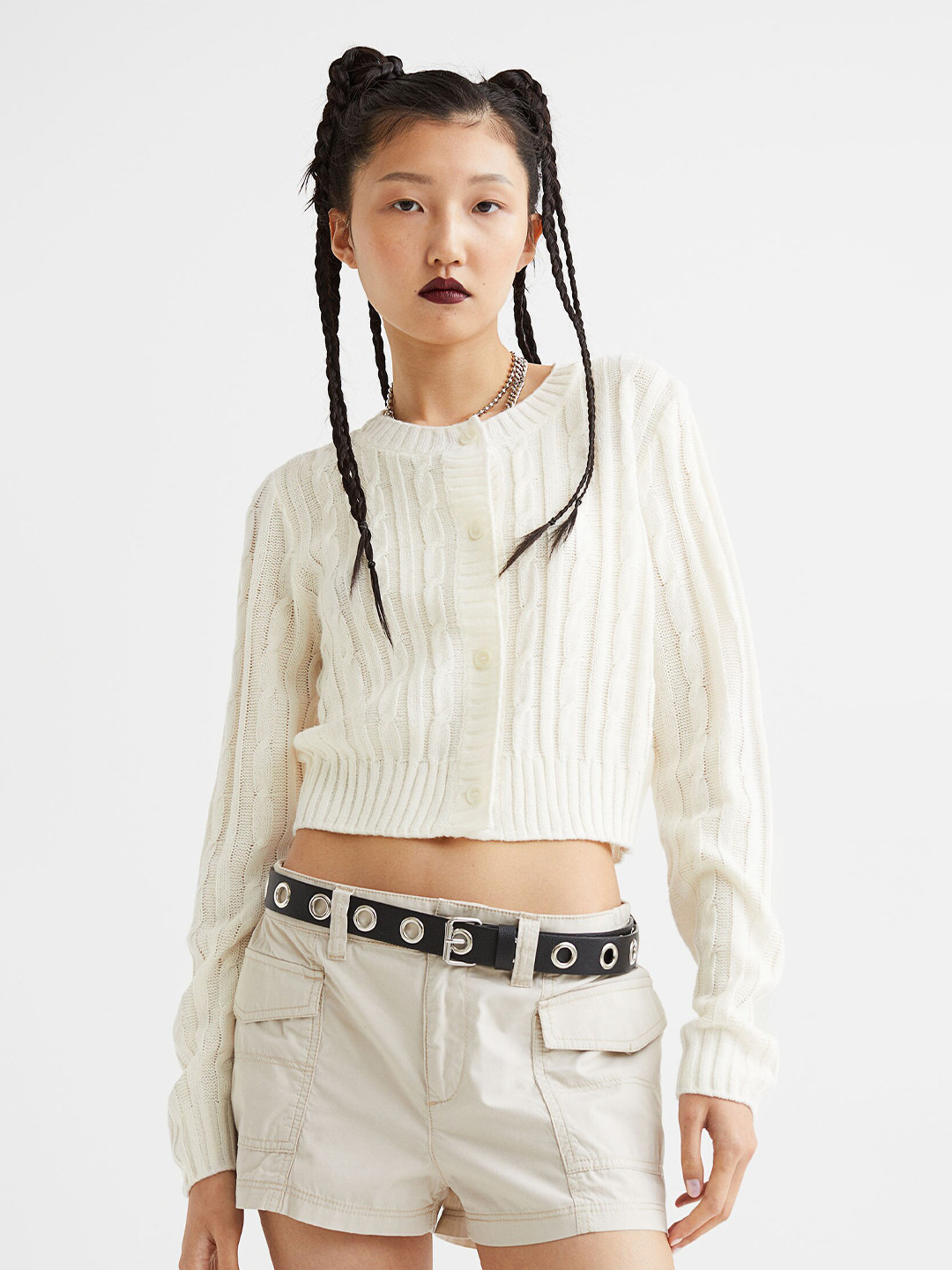 

H&M Women Off White Cable-Knit Cardigan