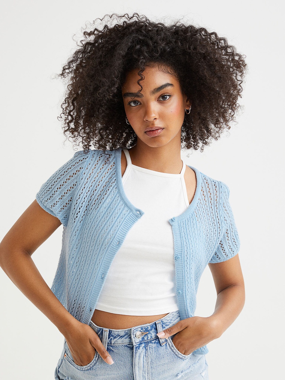 

H&M Women Blue Pointelle-knit Cardigan