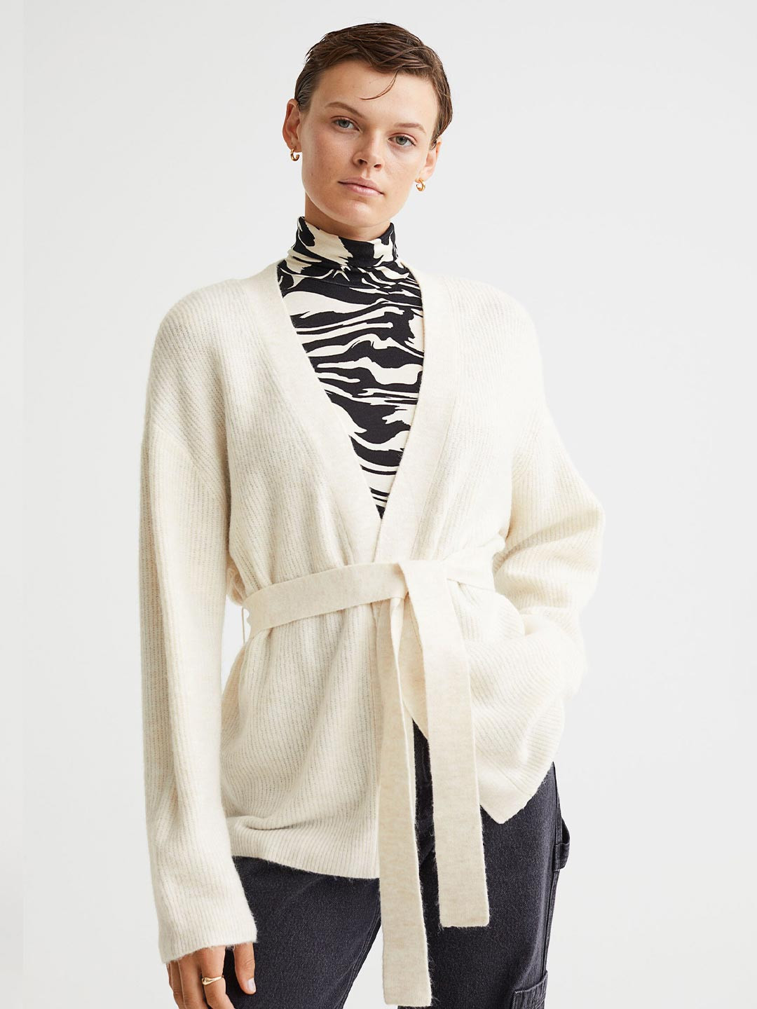 

H&M Women White Ribbed Acrylic Tie-Belt Cardigan