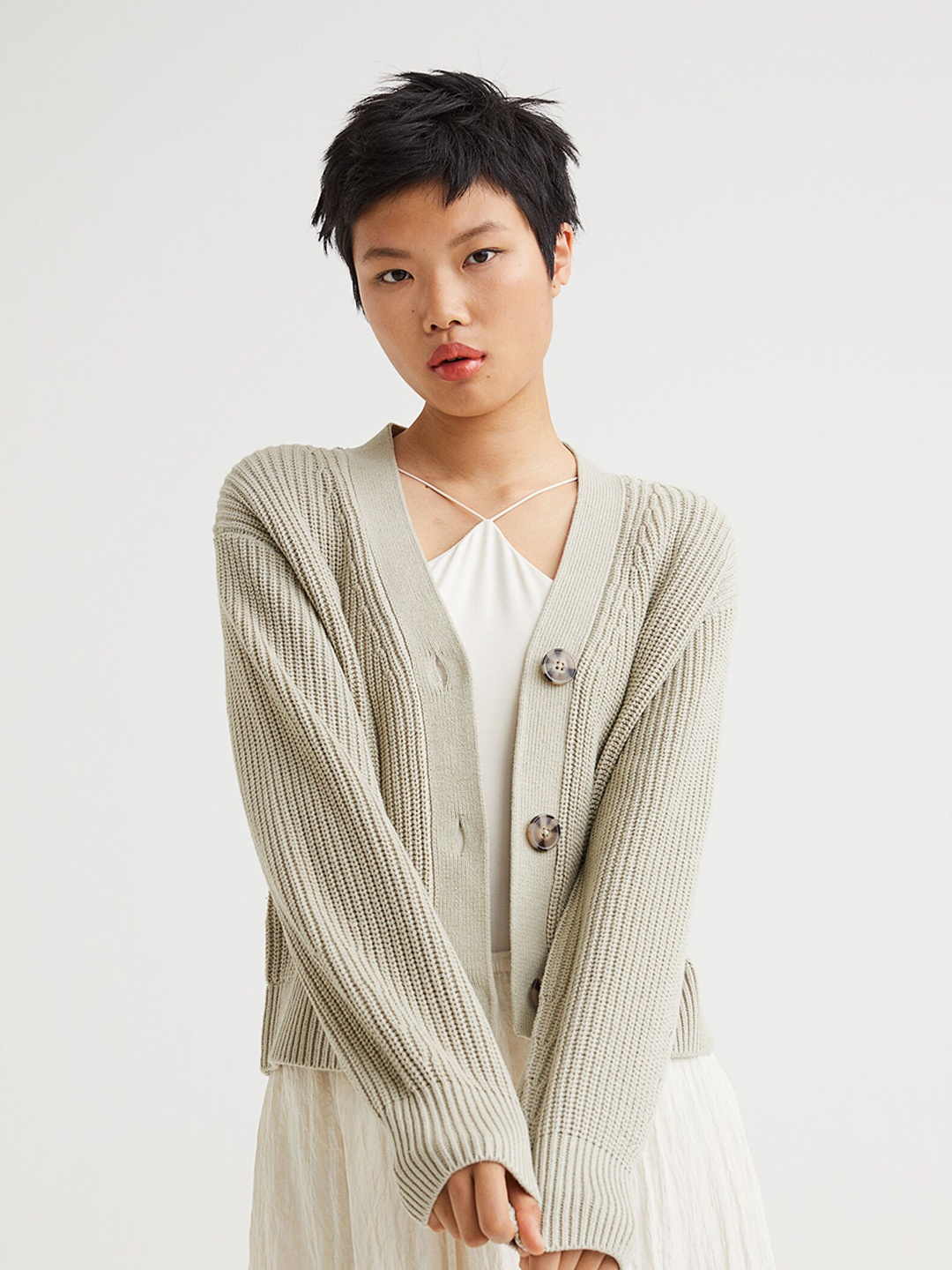 

H&M Women Beige Rib-Knit Cardigan