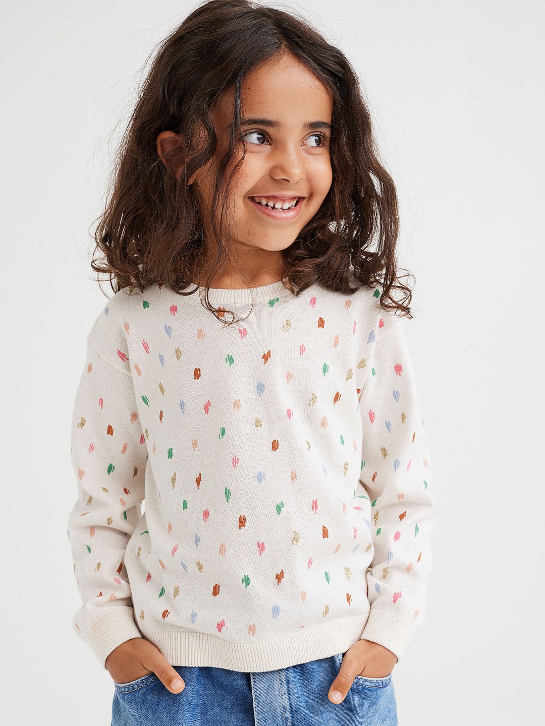 

H&M Girls White Printed Fine-Knit Cotton Jumper