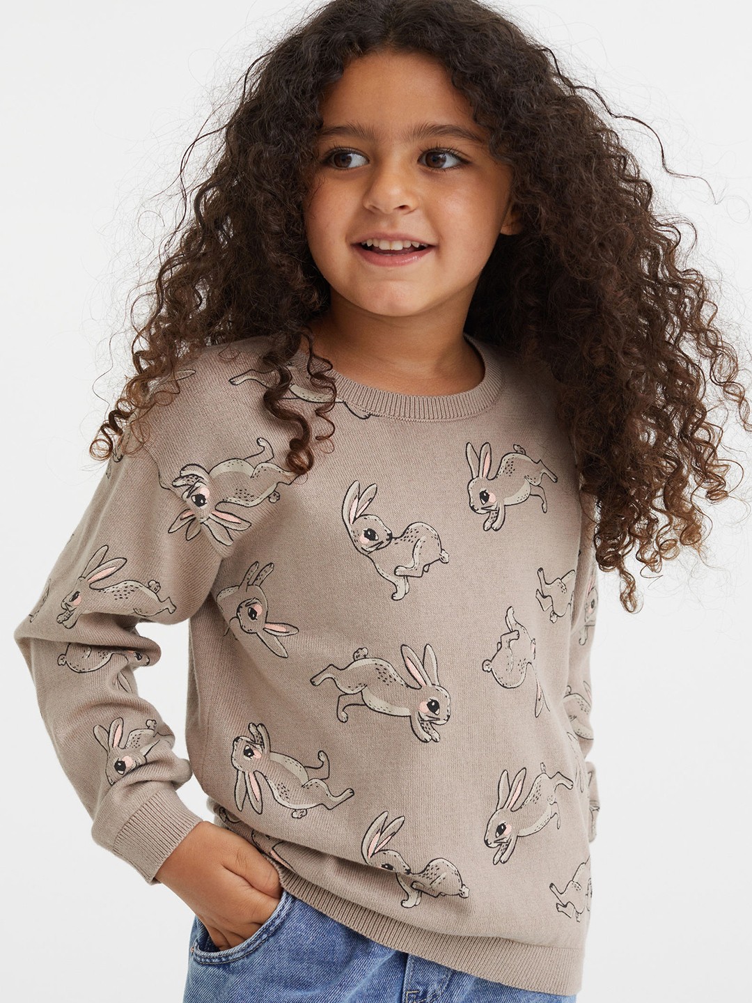 

H&M Girls Beige Printed Fine-Knit Cotton Jumper