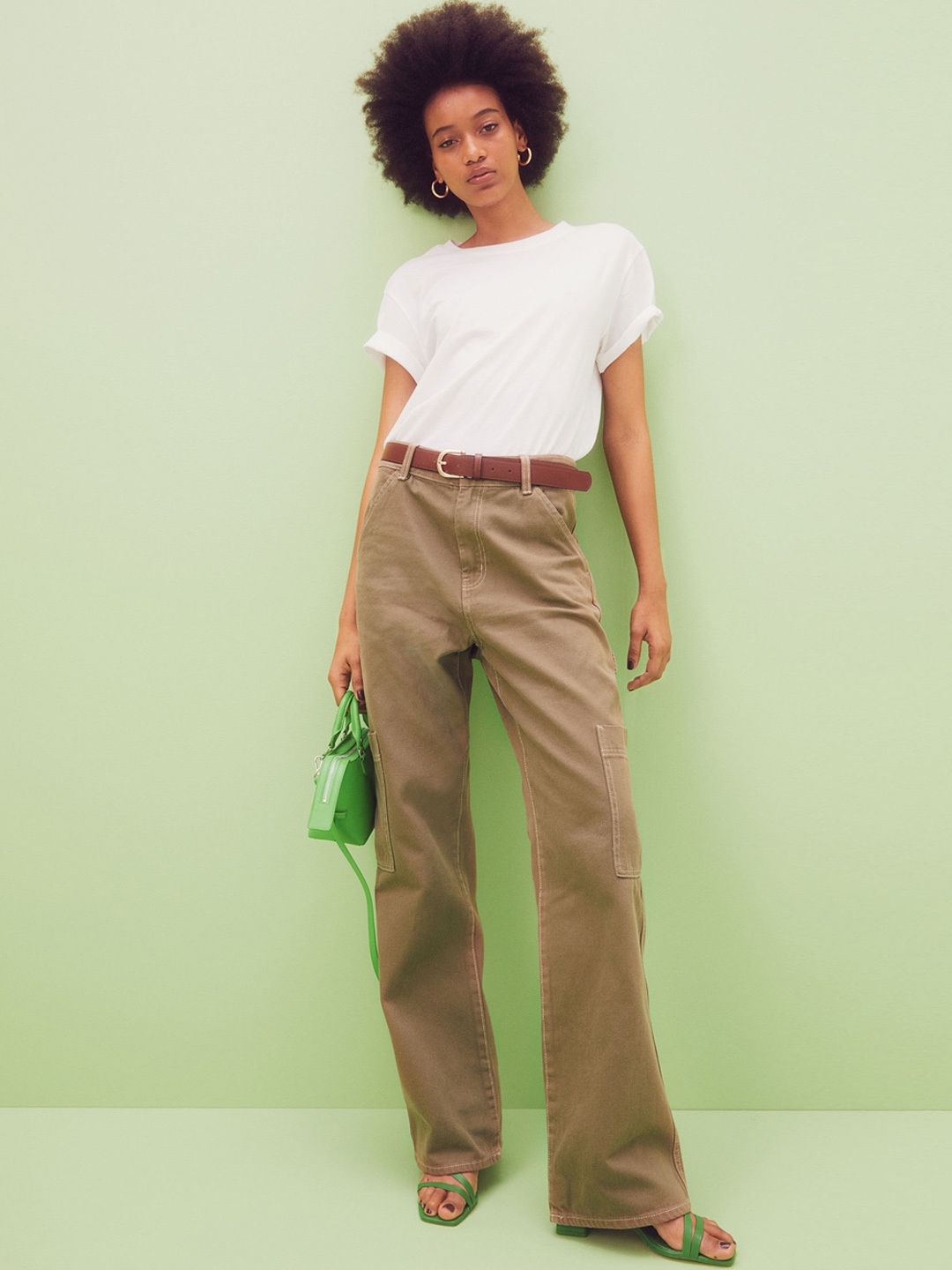 

H&M Women Olive Green Cotton Wide Cargo Trousers