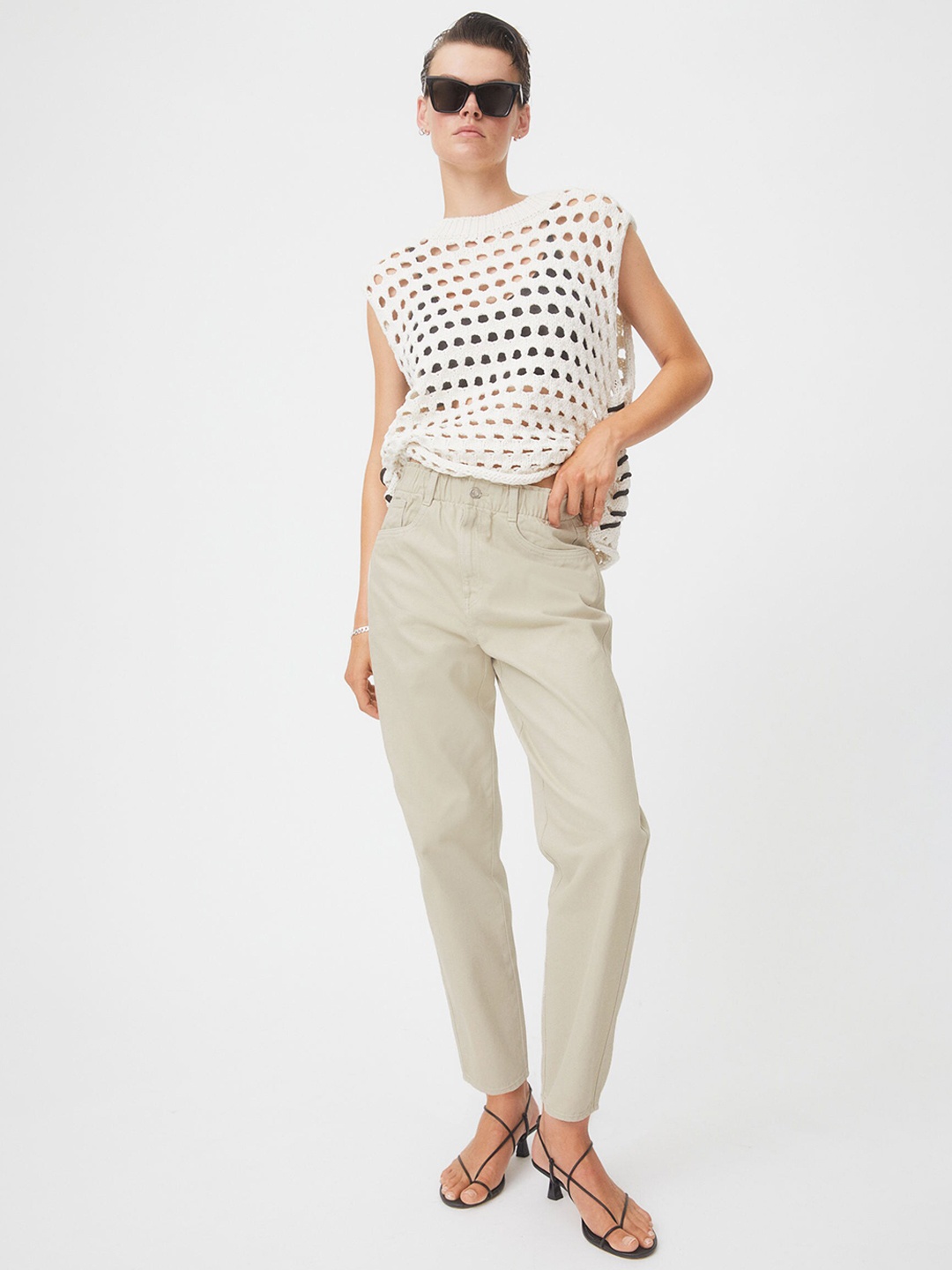 

H&M Women Beige Solid High Waist Twill Trousers