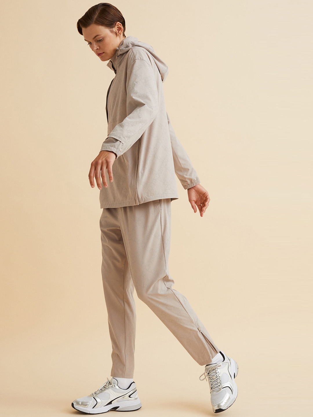 

H&M Women Beige Fast-Dry Monogram-Print Running Trousers