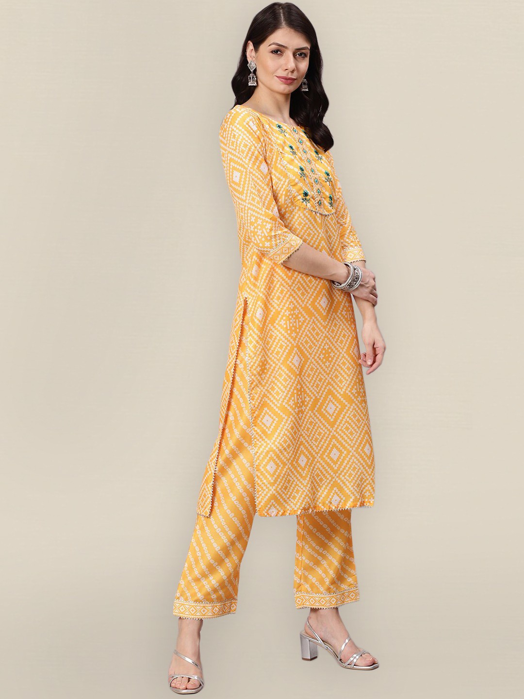 

Sangria Women Yellow Embroidered Kurta with Trousers & With Dupatta