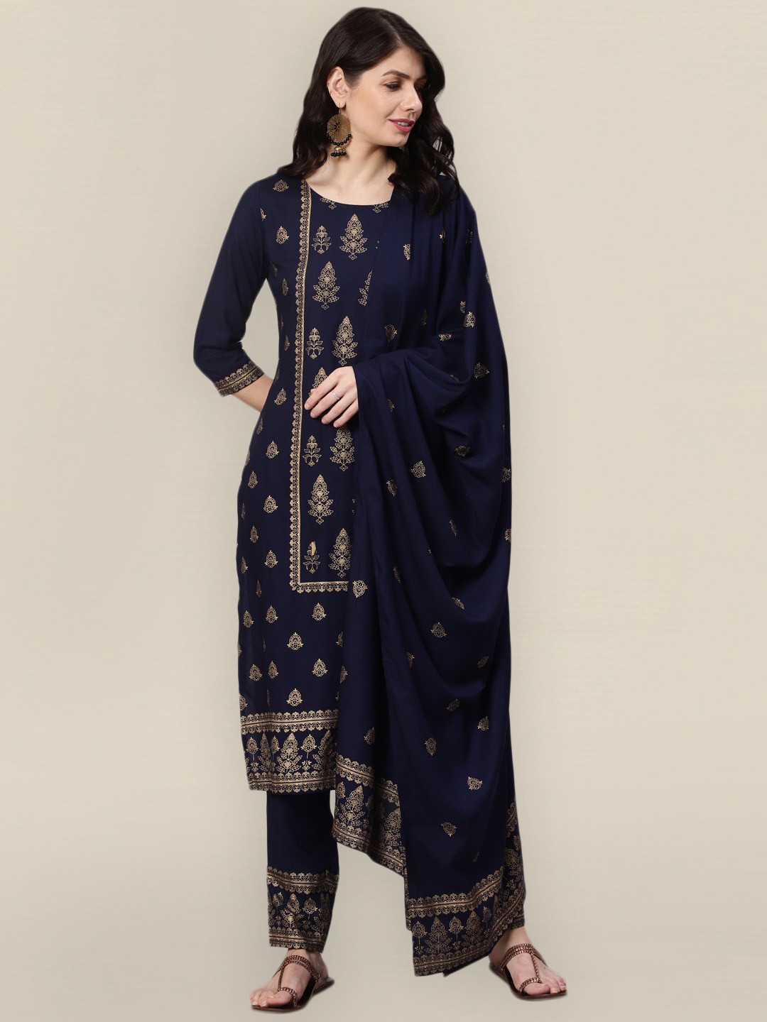 

Sangria Women Navy Blue Ethnic Motifs Printed Kurta with Trousers & Dupatta
