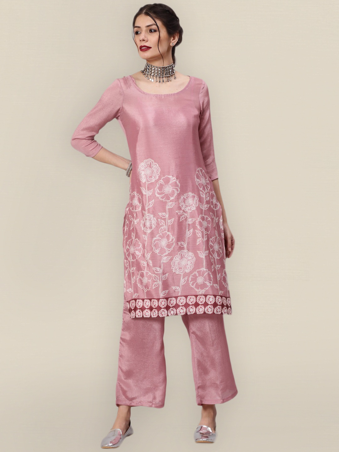 

Sangria Women Rose Gold-Coloured Printed Straight Kurta With Palazzo Set