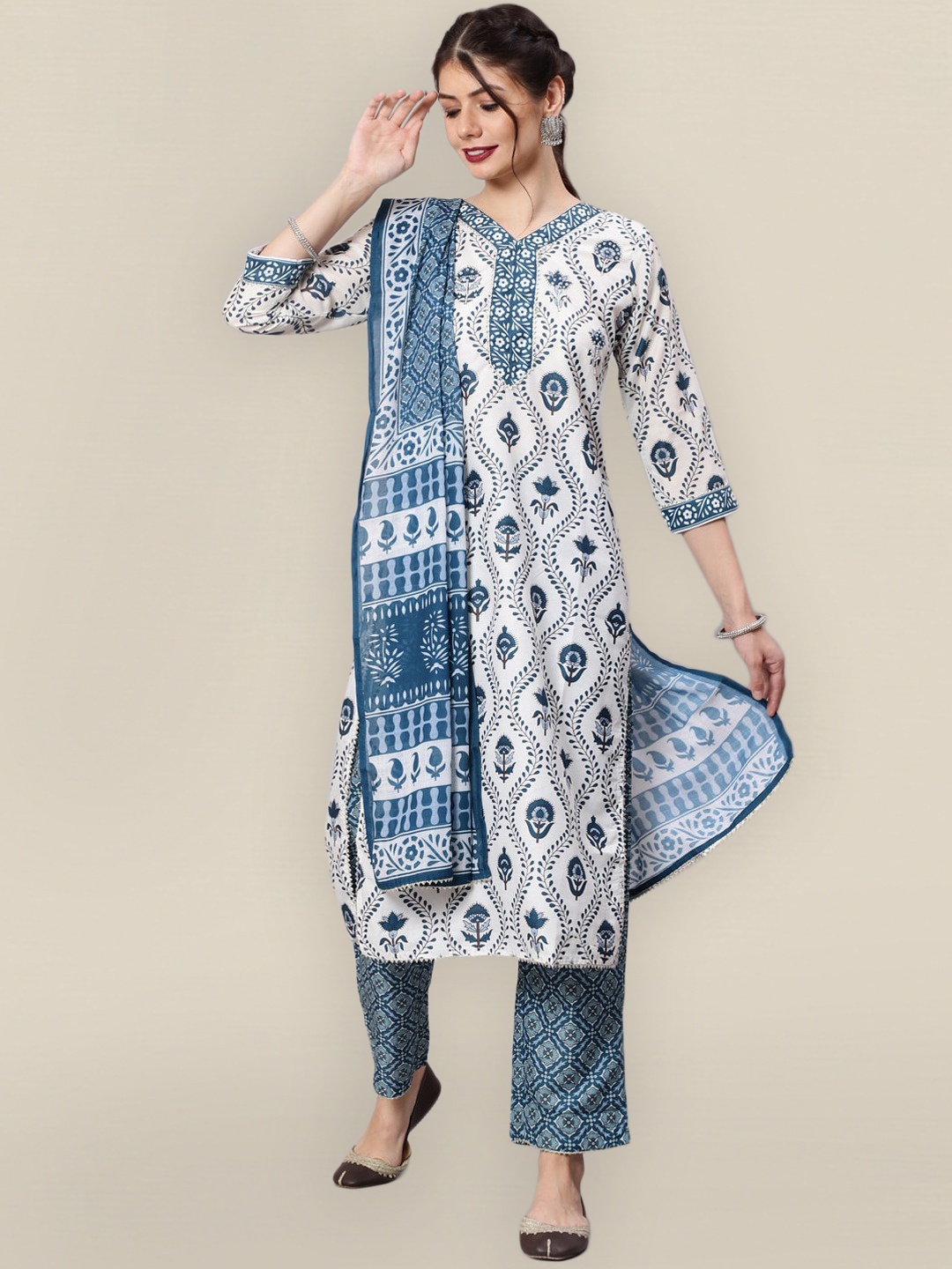 

Sangria Women White Printed Kurta with Trousers & With Dupatta