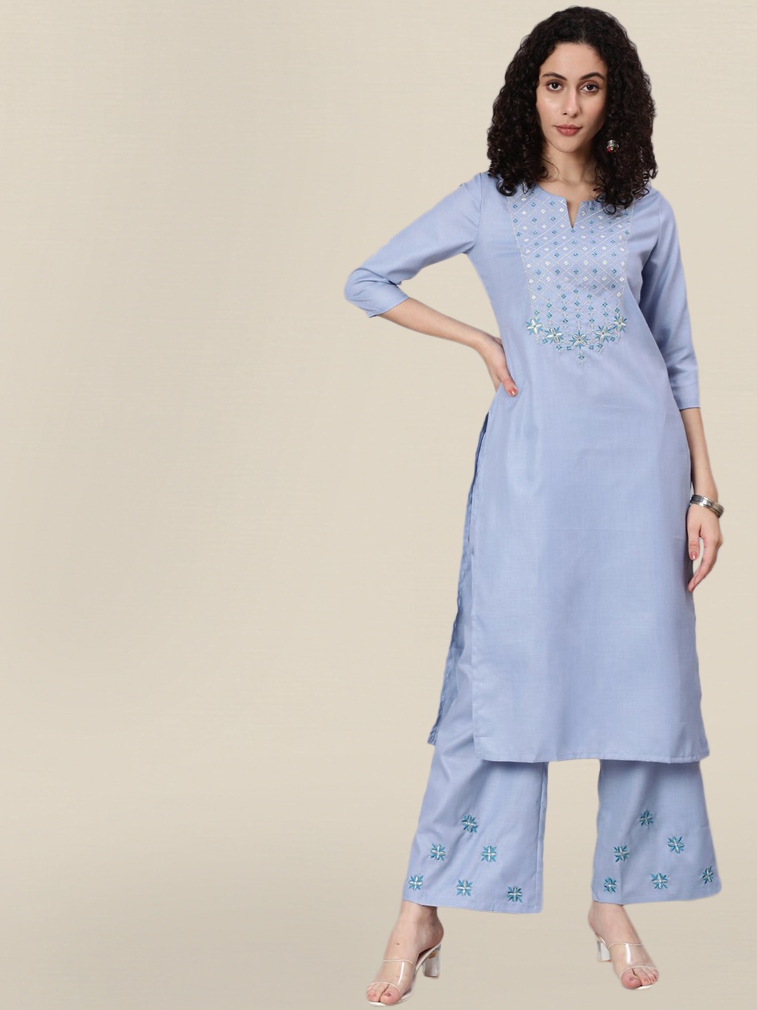 

Sangria Women Blue Floral Yoke Design Pure Cotton Kurta Set