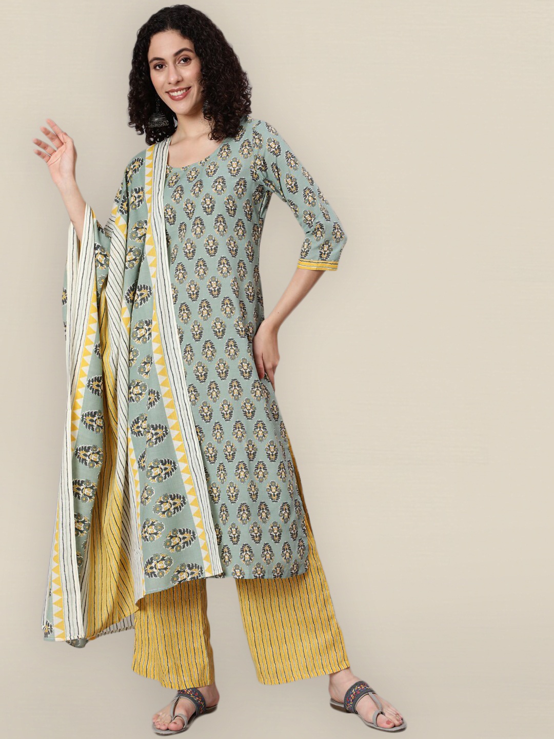 

Sangria Women Green Floral Printed Layered Kurta with Palazzos & With Dupatta