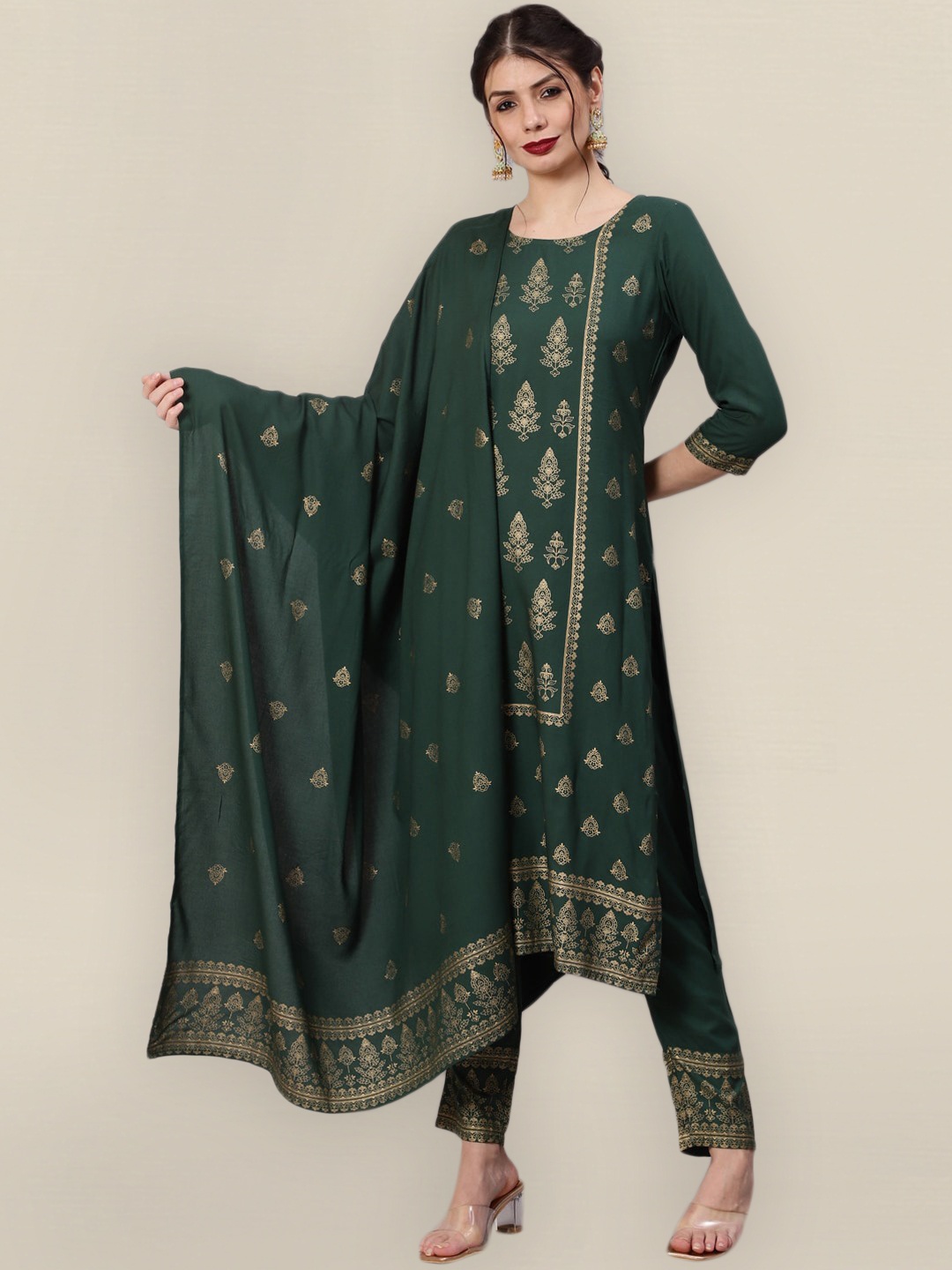 

Sangria Women Green Ethnic Motifs Empire Kurta with Trousers & With Dupatta