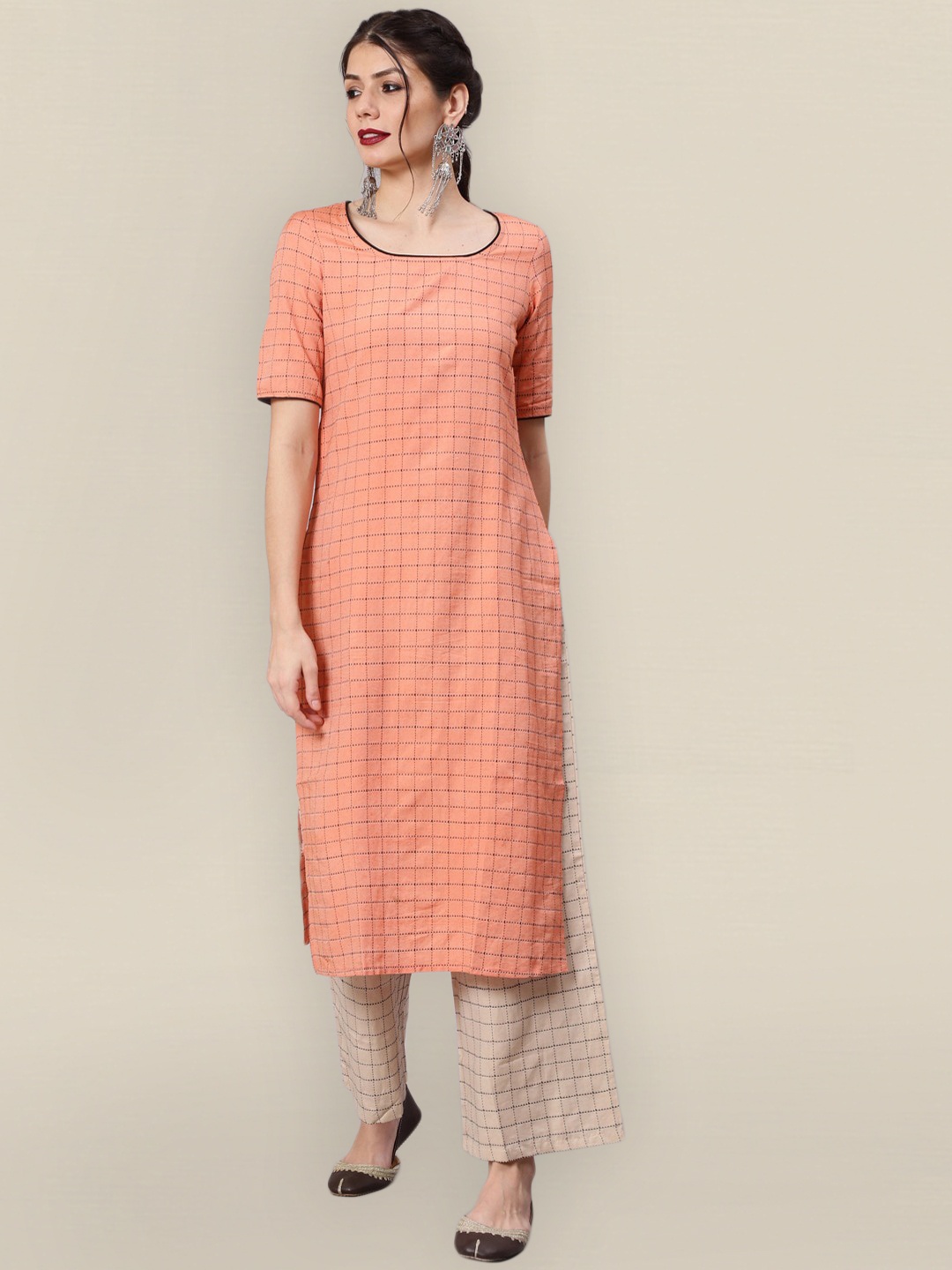 

Sangria Women Peach & Beige Woven Design Straight Kurta With Palazzo Set