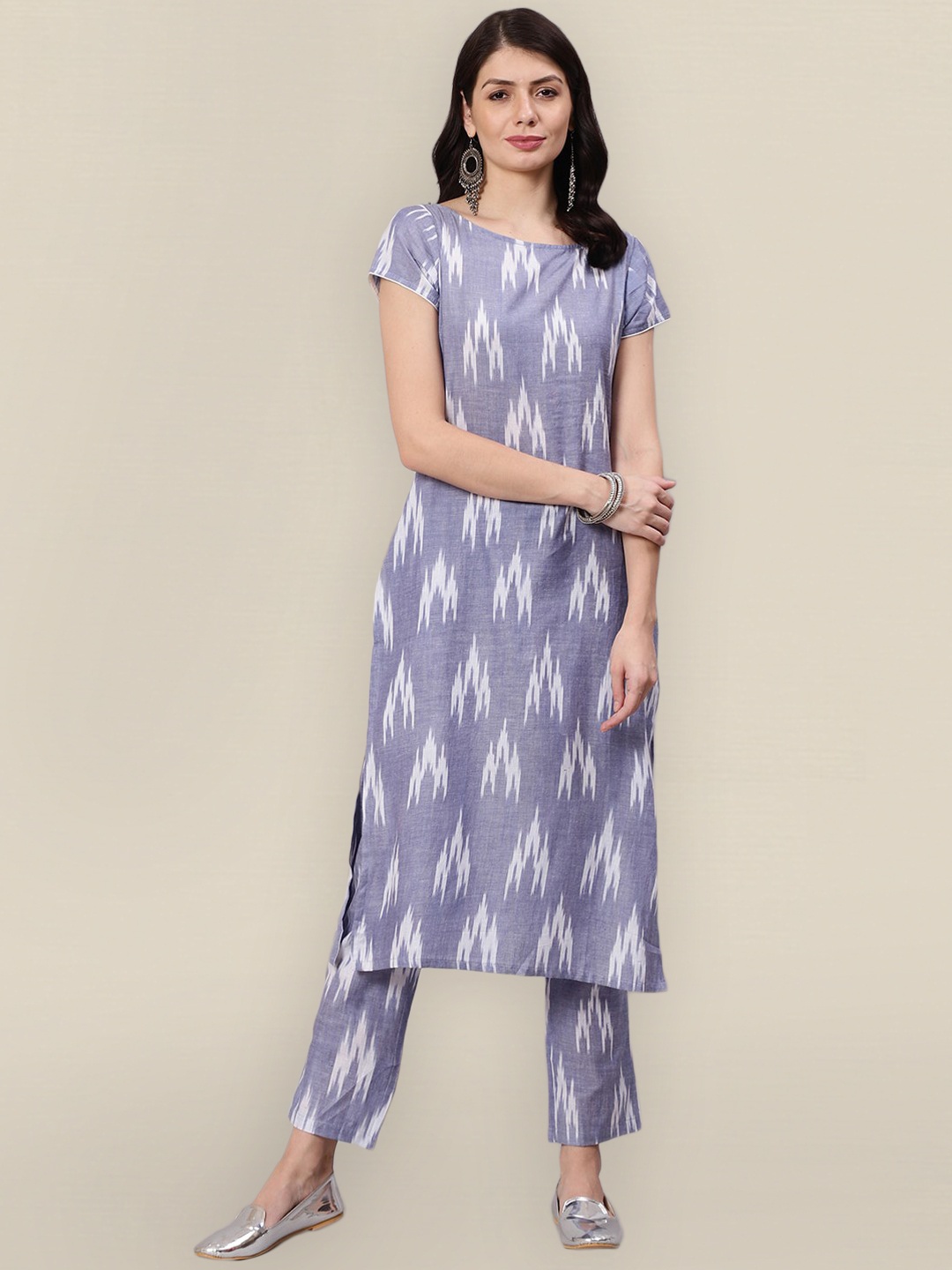 

Sangria Women Blue Pure Cotton Ikat Woven Design Kurta with Trouser