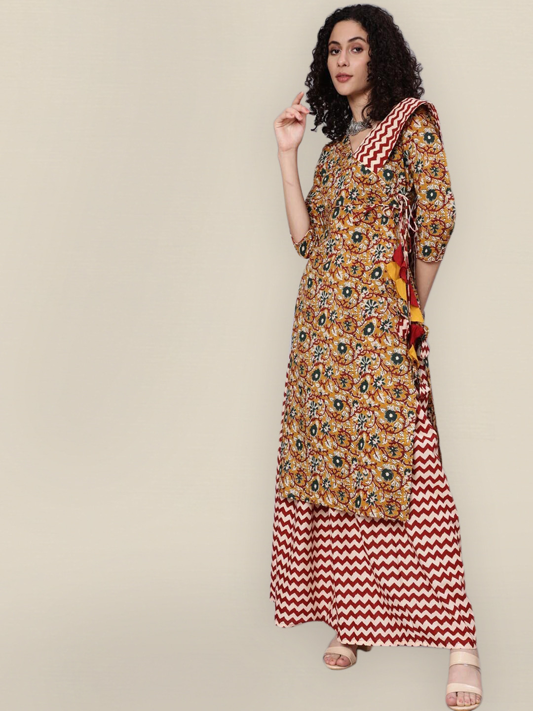 

Sangria Women Mustard Yellow Printed Kurta Zith Skirt & With Dupatta