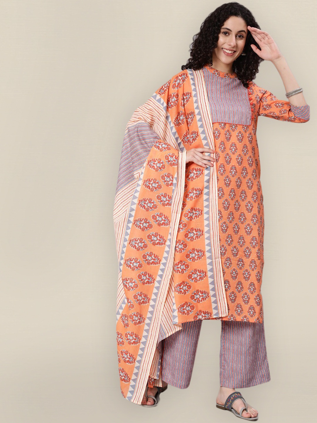 

Sangria Women Orange Ethnic Motifs Printed Kurta with Palazzos & With Dupatta