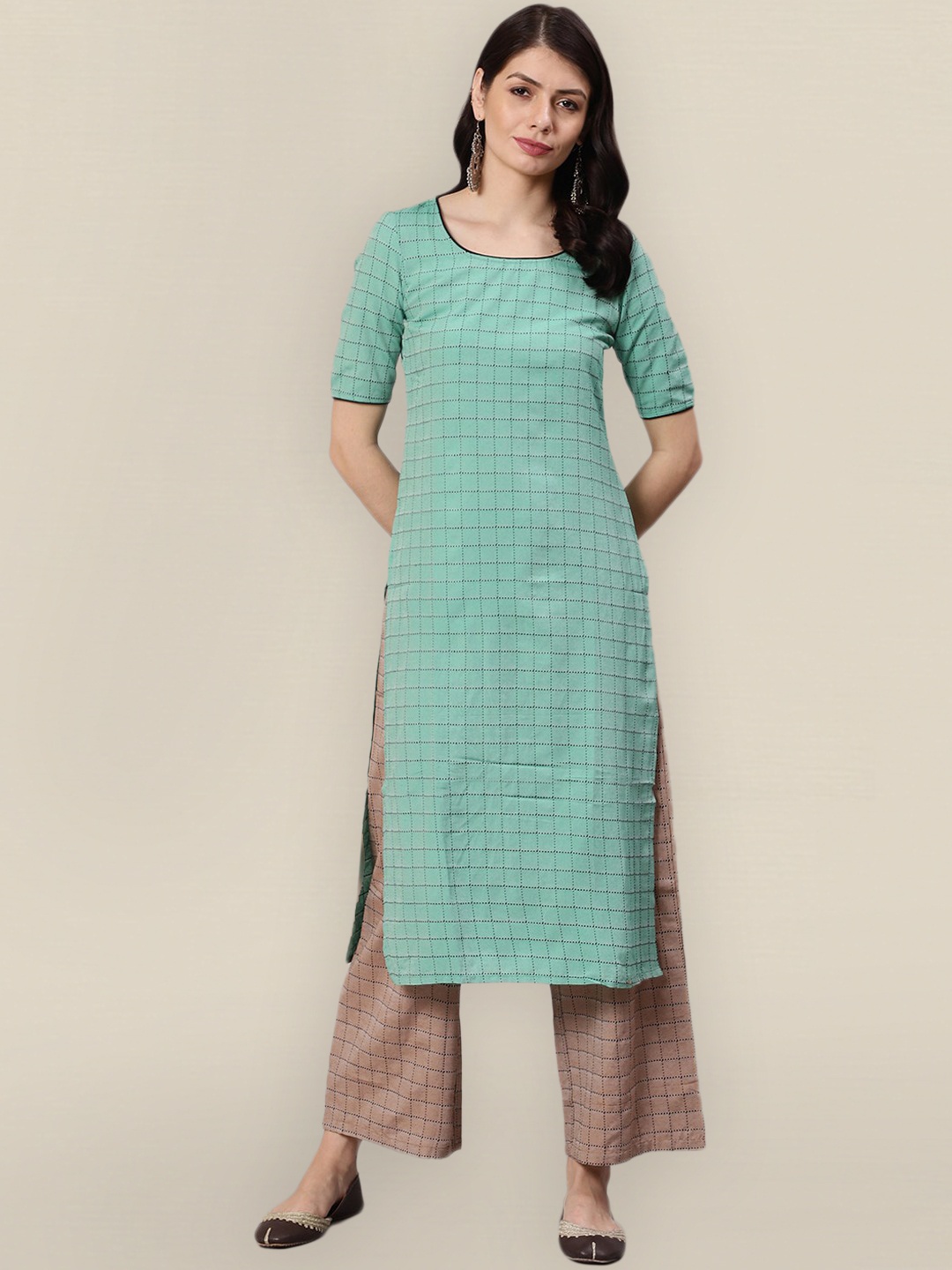 

Sangria Women Green & Brown Check Printed Pure Cotton Kurta With Palazzo