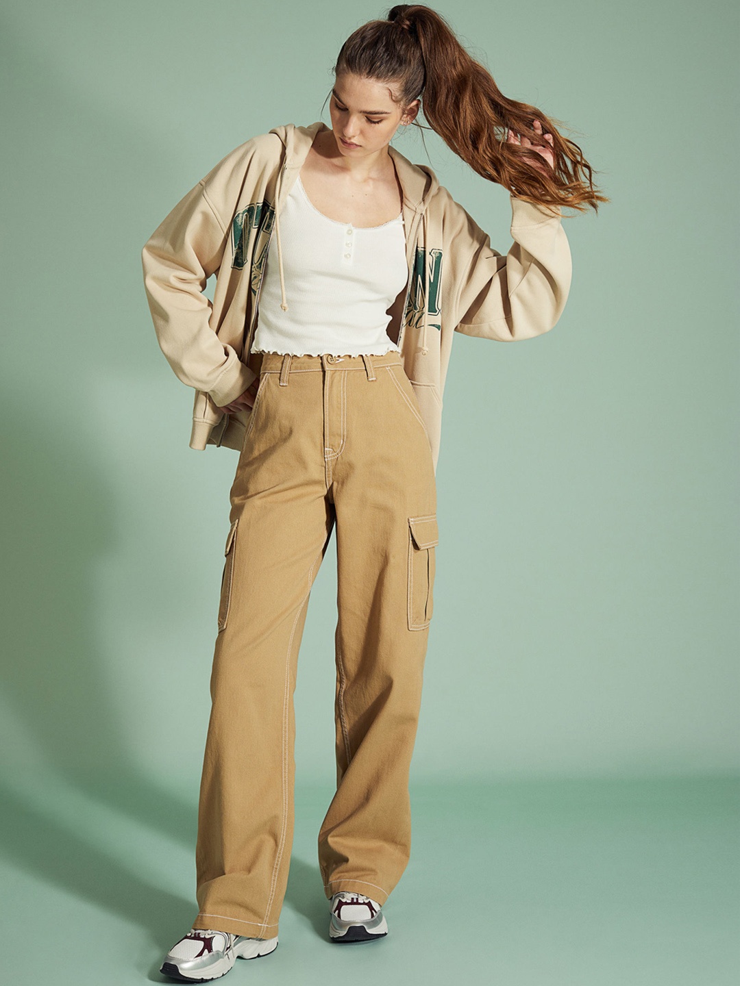 

H&M Women Beige 90s Baggy High Waist Jeans