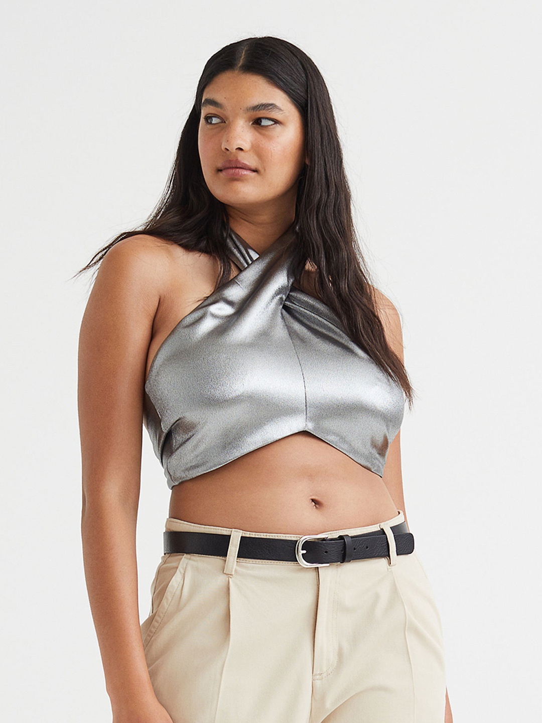 

H&M Women Silver Halterneck Top