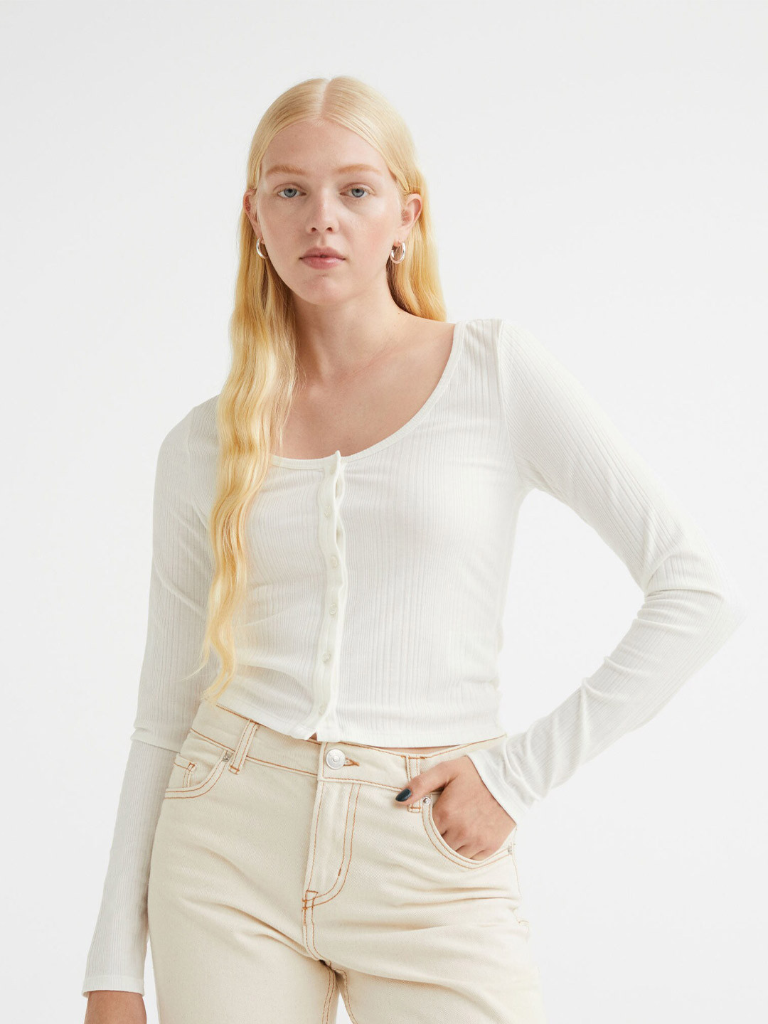 

H&M Women White Button-Front Ribbed Top