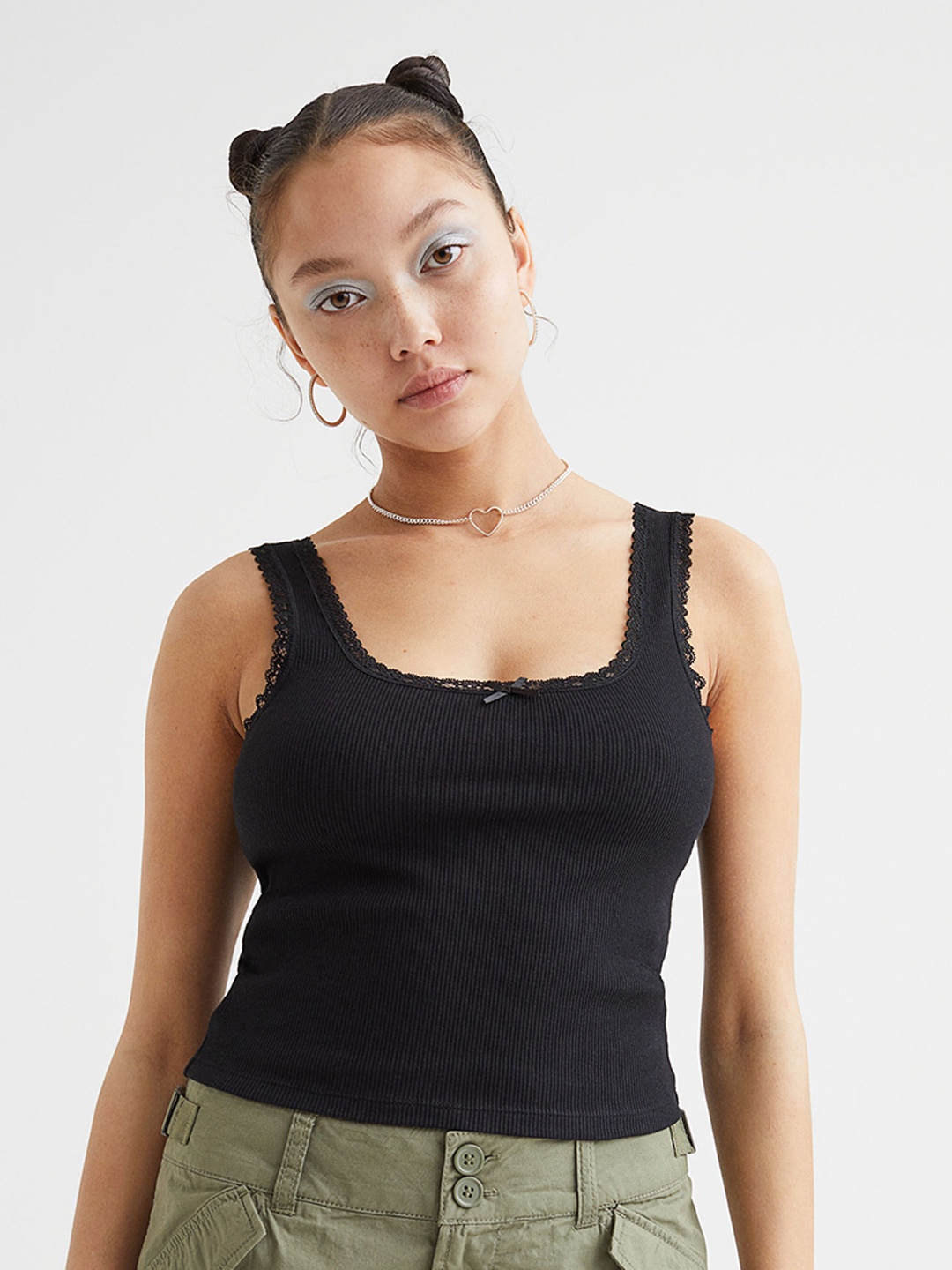 

H&M Women Black Lace-Trimmed Pointelle Vest Top
