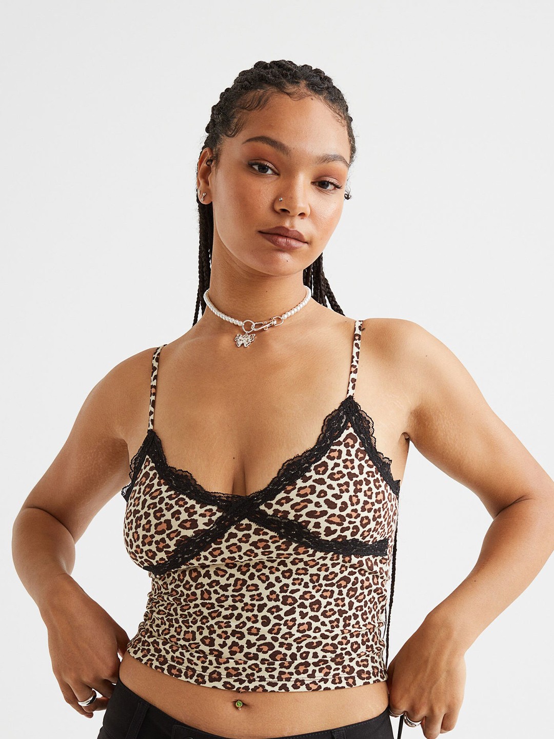 

H&M Women Beige Lace-Detail Top