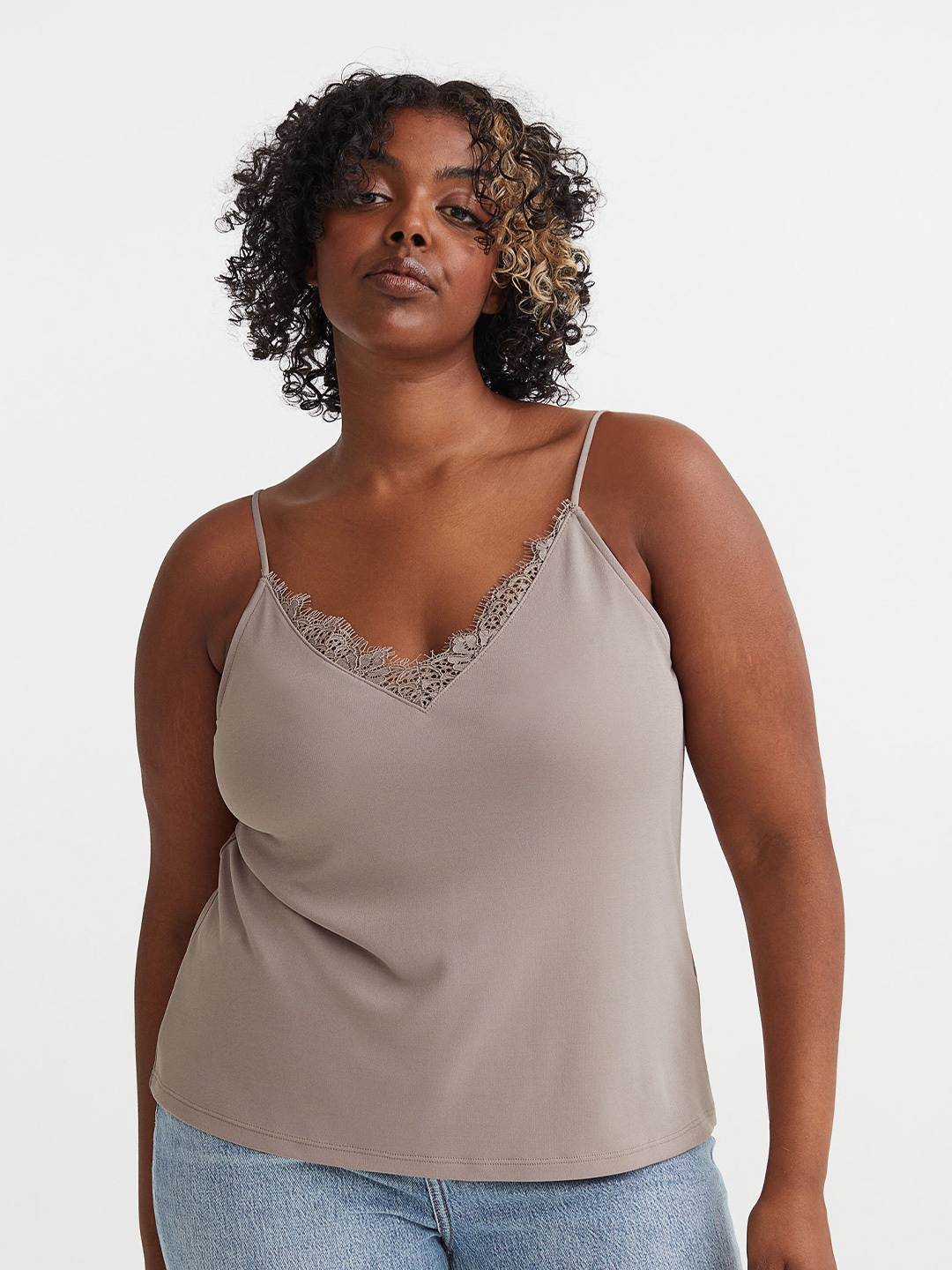 

H&M Beige Plus Size Lace-Trimmed Cami Top