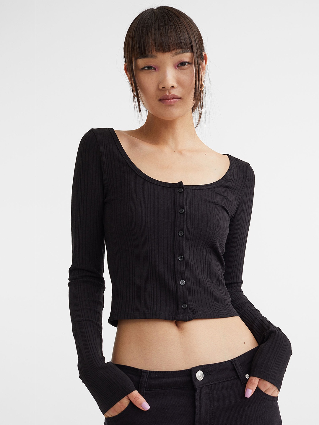

H&M Women Black Button-Front Ribbed Top