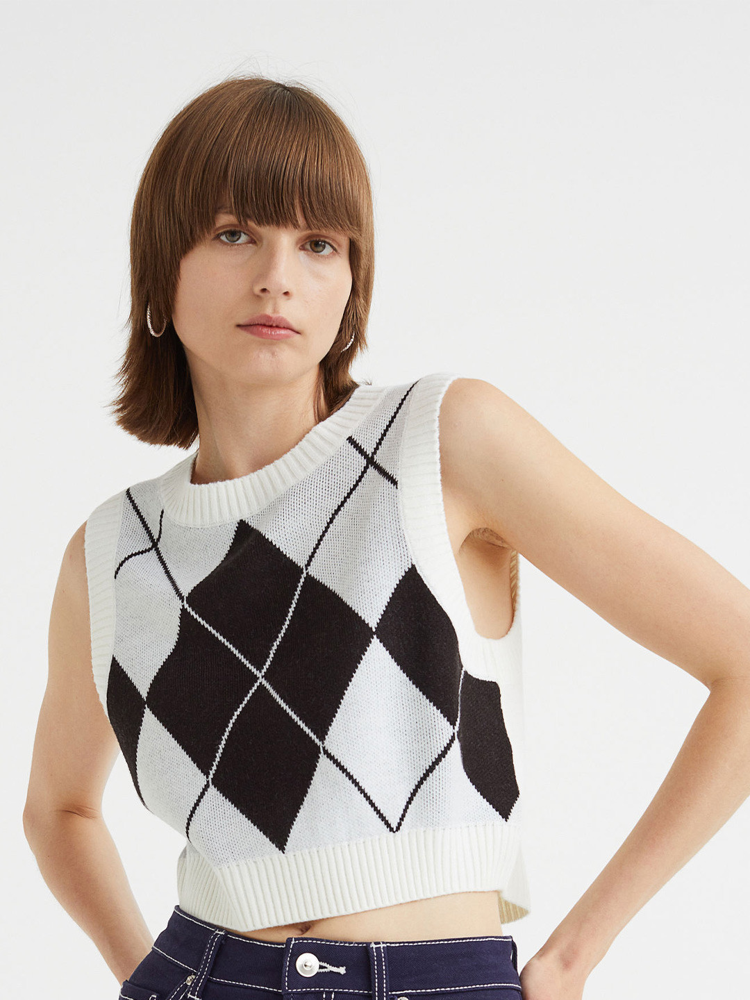 

H&M Women White Jacquard-Knit Sweater Vest
