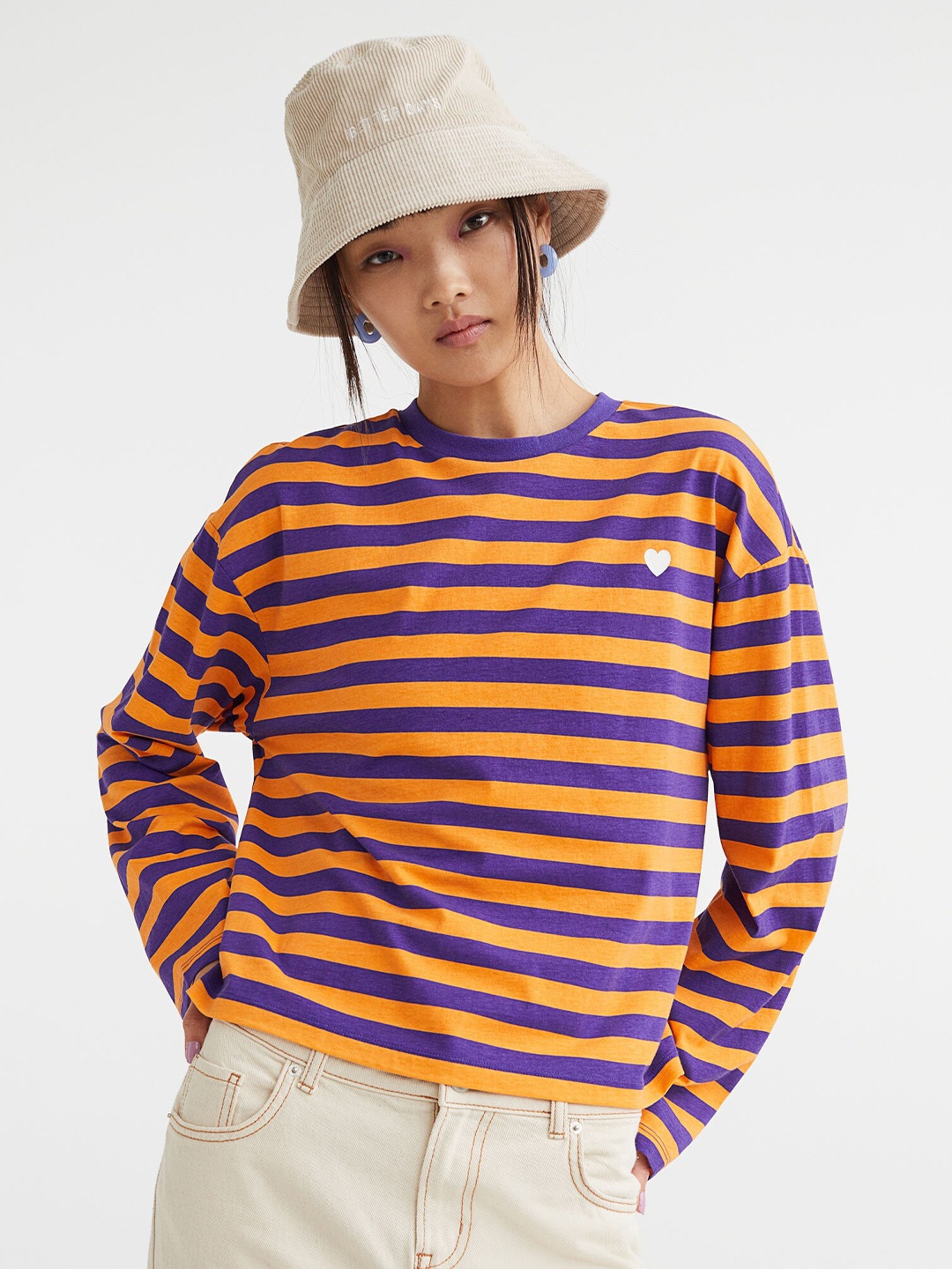 

H&M Women Orange & Purple Striped Long-sleeved printed top