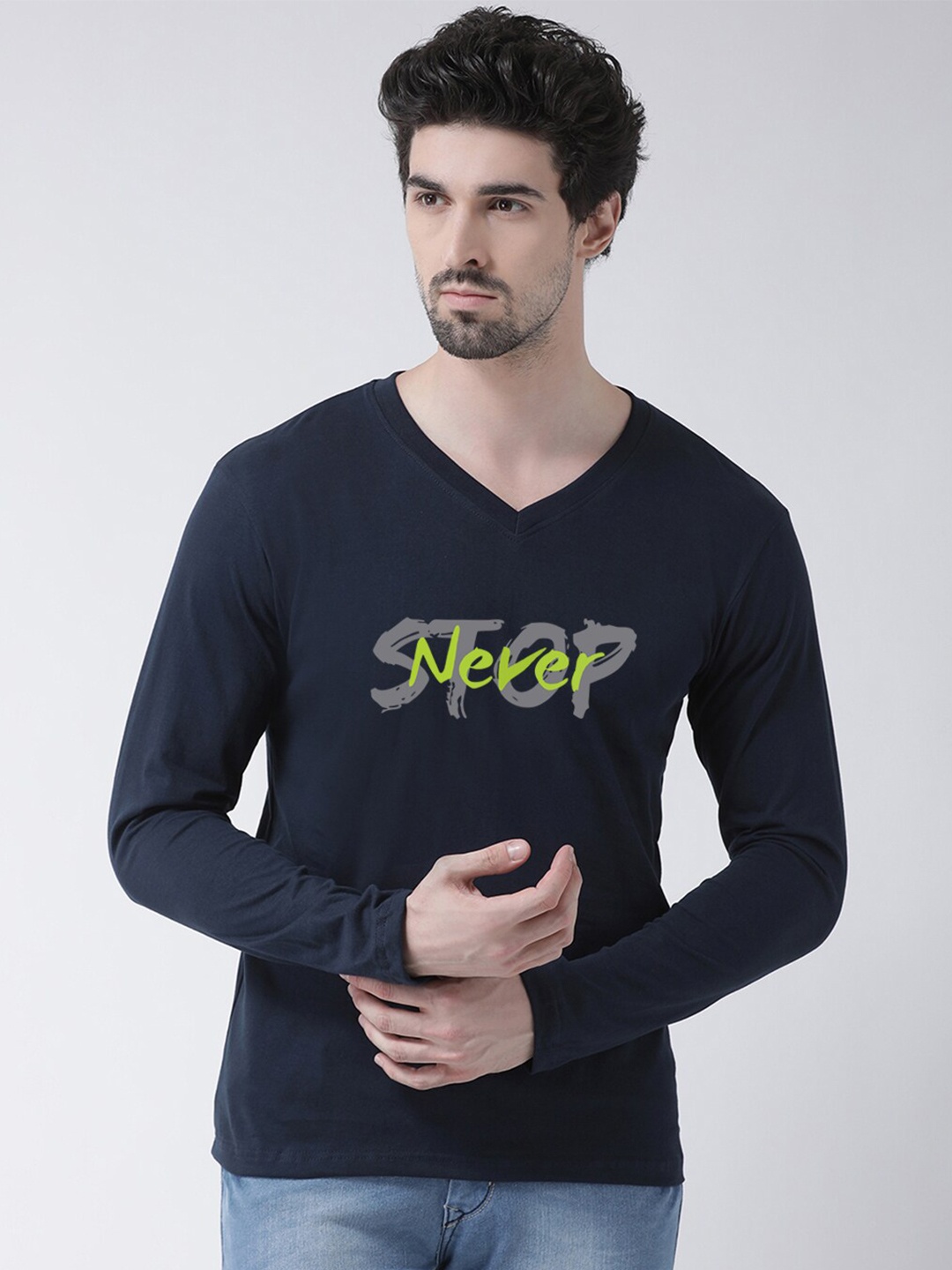 

Friskers Men Navy Blue Graphics Printed V-Neck T-shirt