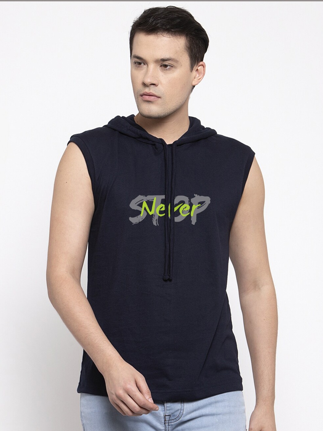 

Friskers Men Navy Blue Typography Printed Hooded T-shirt