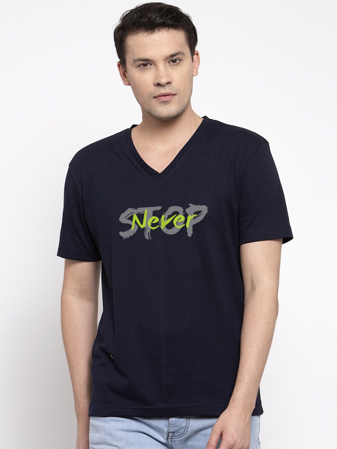 

Friskers Men Navy Blue Typography V-Neck T-shirt