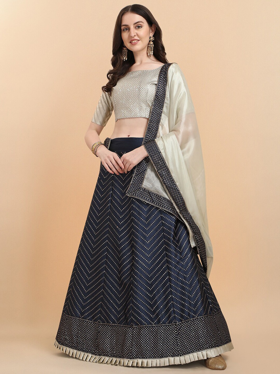 

Fab Dadu Navy Blue & Silver-Toned Embellished Sequinned Semi-Stitched Lehenga & Unstitched Blouse With