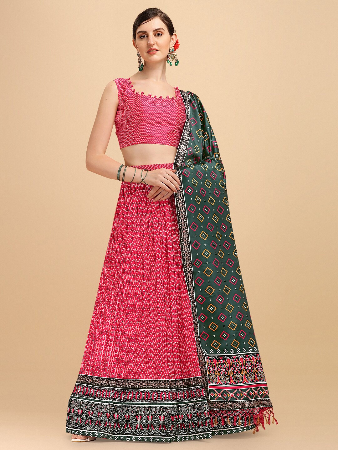 

Fab Dadu Pink & Green Printed Thread Work Semi-Stitched Lehenga & Unstitched Blouse With Dupatta