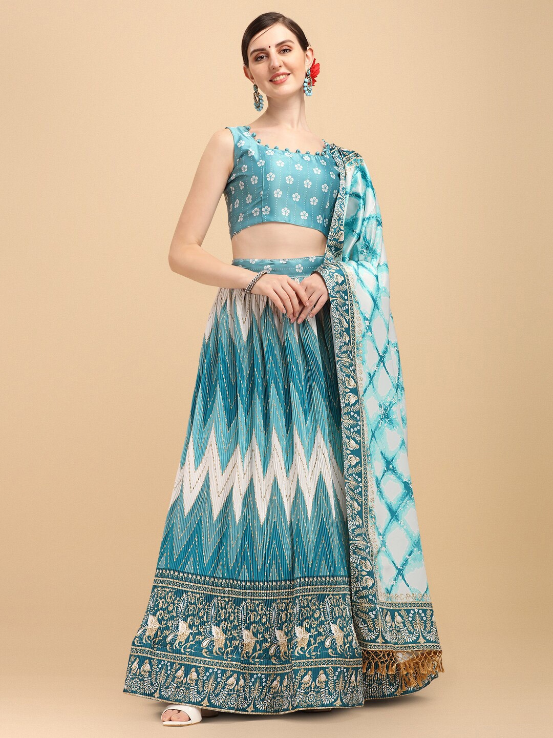 

Fab Dadu Turquoise Blue & White Printed Semi-Stitched Lehenga & Unstitched Blouse With Dupatta