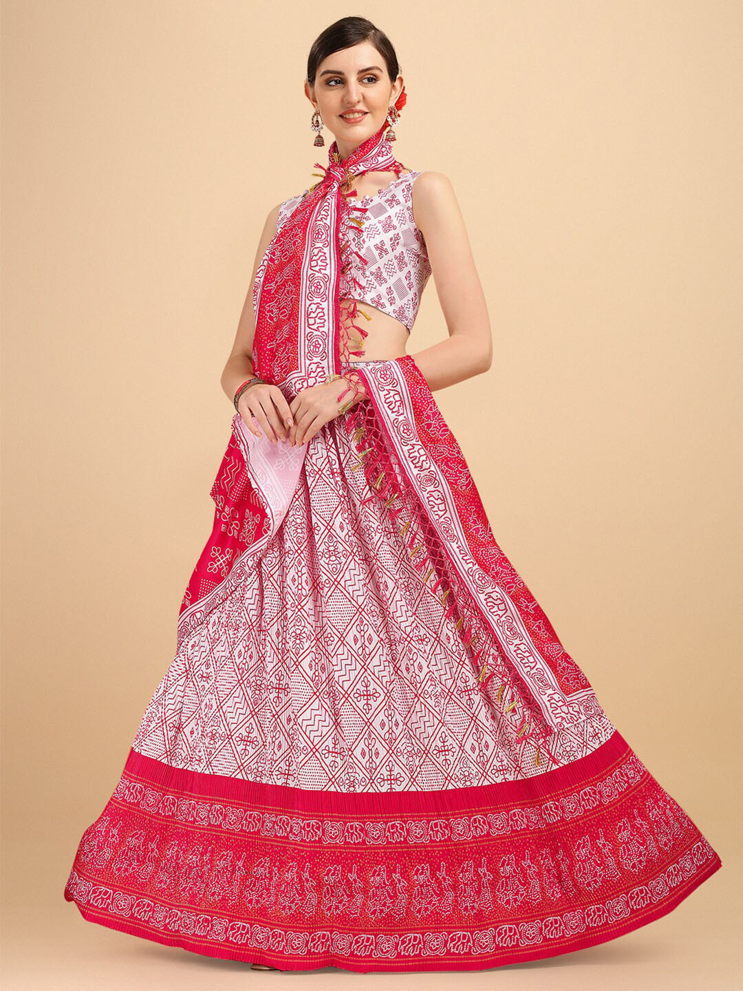 

Fab Dadu White & Pink Printed Semi-Stitched Lehenga & Unstitched Blouse With Dupatta