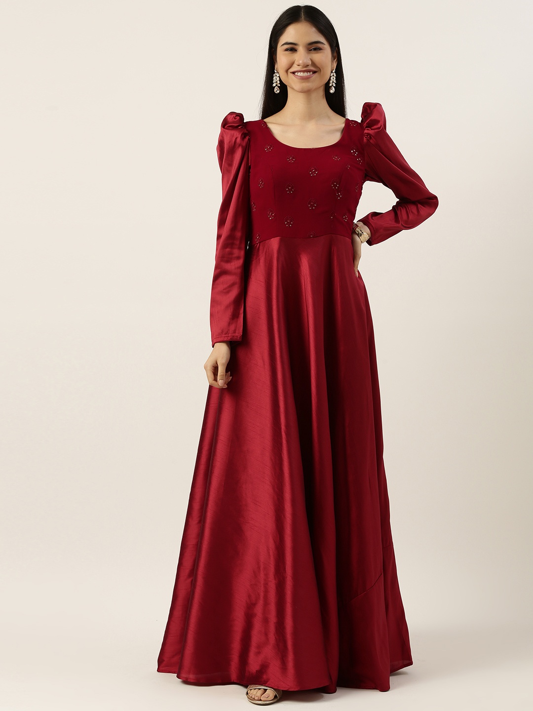 

Ethnovog Green Embroidered Detail Made To Measure Maxi Ethnic Padded Dress, Maroon