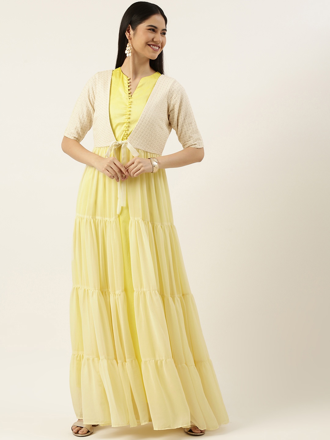 

Ethnovog Cream-Coloured Solid Maxi Ethnic Padded Dress With Embroidered Jacket
