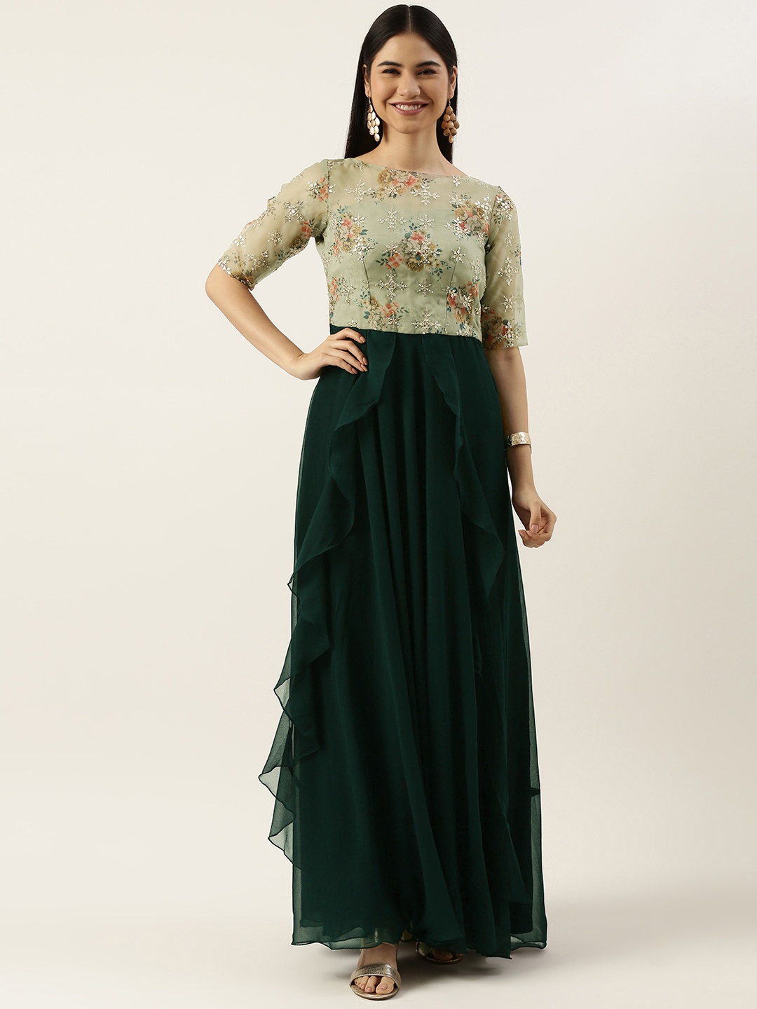 

Ethnovog Green Colourblocked Maxi Ethnic Padded Dress