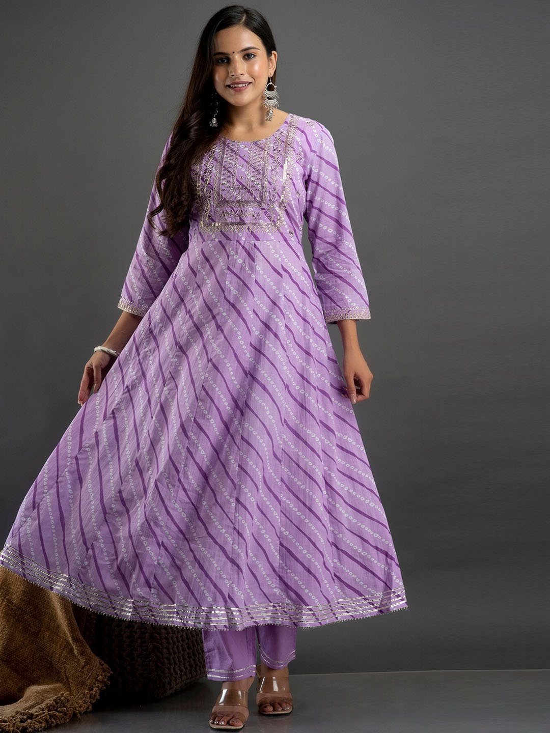 

Kesarya Women Blue Bandhani Printed Panelled Pure Cotton Kurti with Trousers & With Dupatta