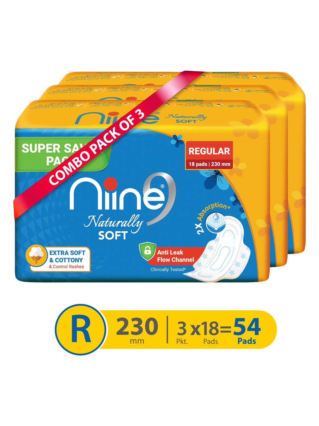 

Niine Set of 3 Naturally Soft Super Saver Pack Regular 230mm Sanitary Pads - 18 Pads Each, Blue