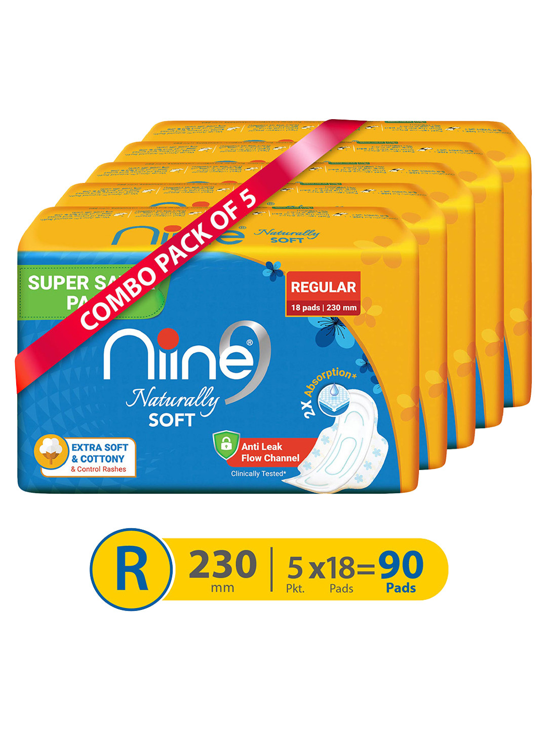 

Niine Set of 5 Naturally Soft Super Saver Pack Regular 230mm Sanitary Pads - 18 Pads Each, Blue